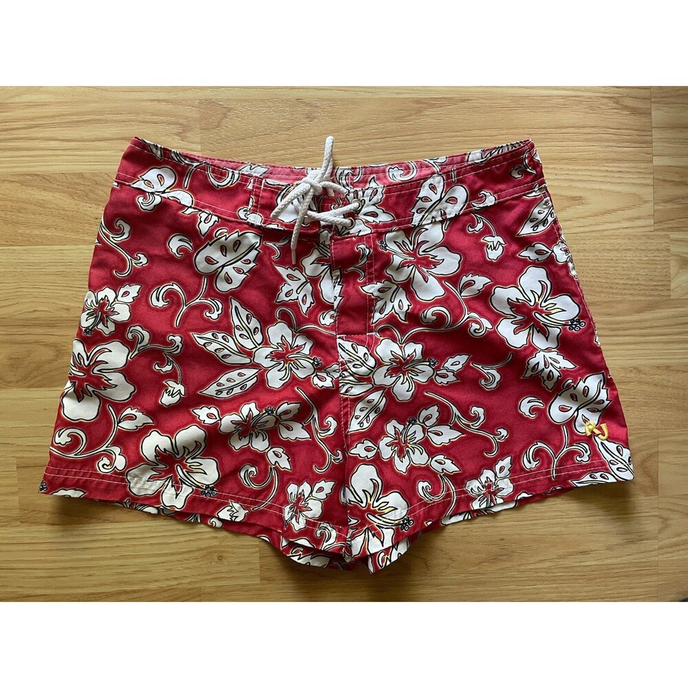 Ron John Size 9 Board Shorts Red Hibiscus Floral Print Tie Front Vintage